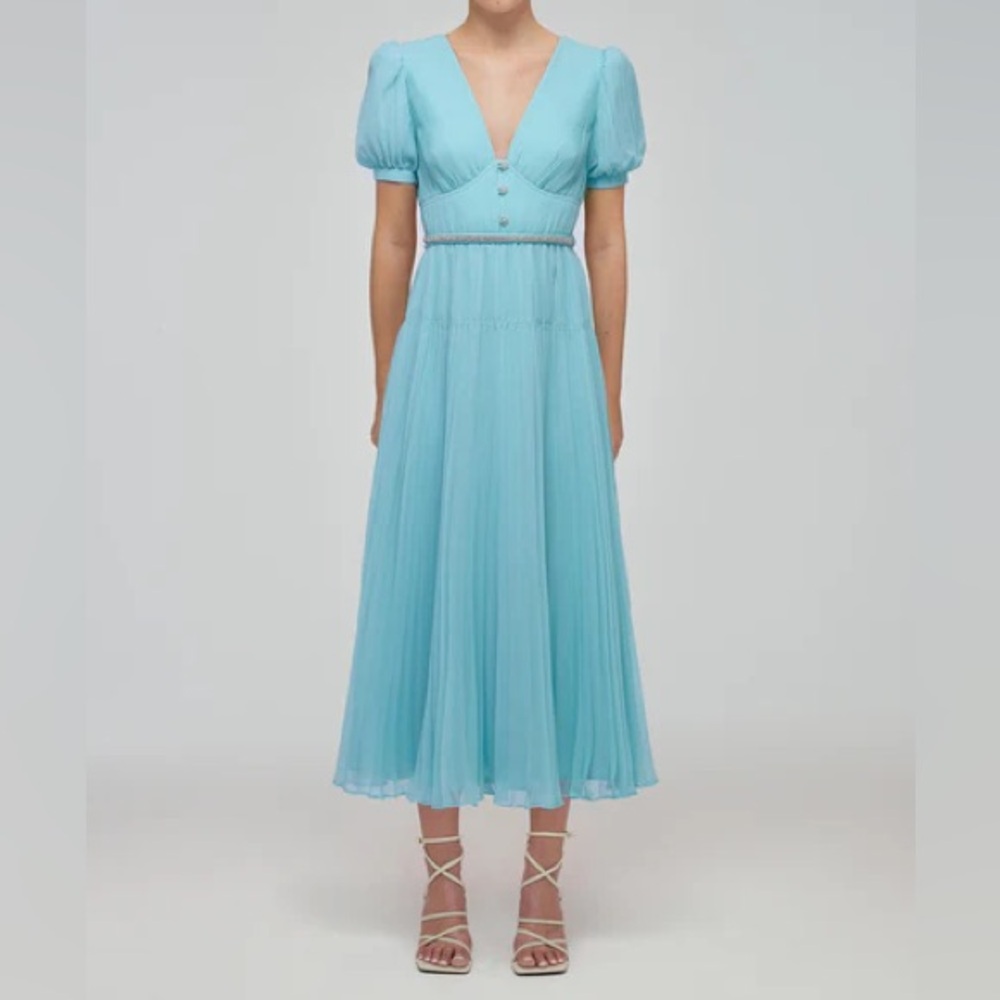 Self Portrait Blue Chiffon Diamanté Button Midi Dress